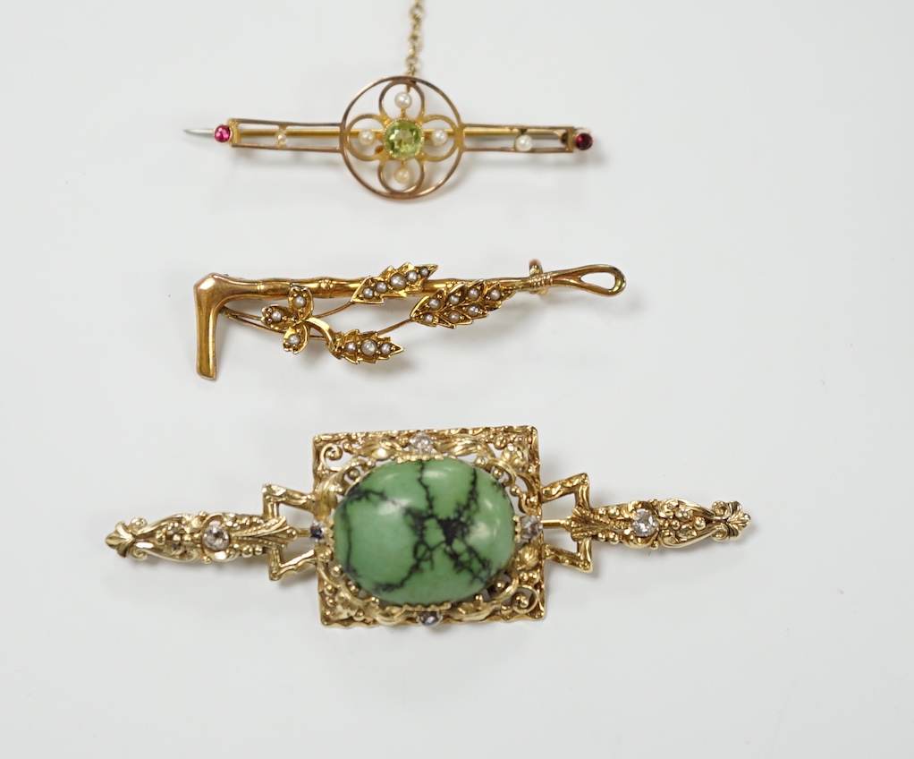 A modern 9ct gold, turquoise and diamond set bar brooch, 69mm and two Edwardian 9ct and gem set bar brooches, including seed pearl set riding crop and spray brooch, gross weight 14.1 grams.